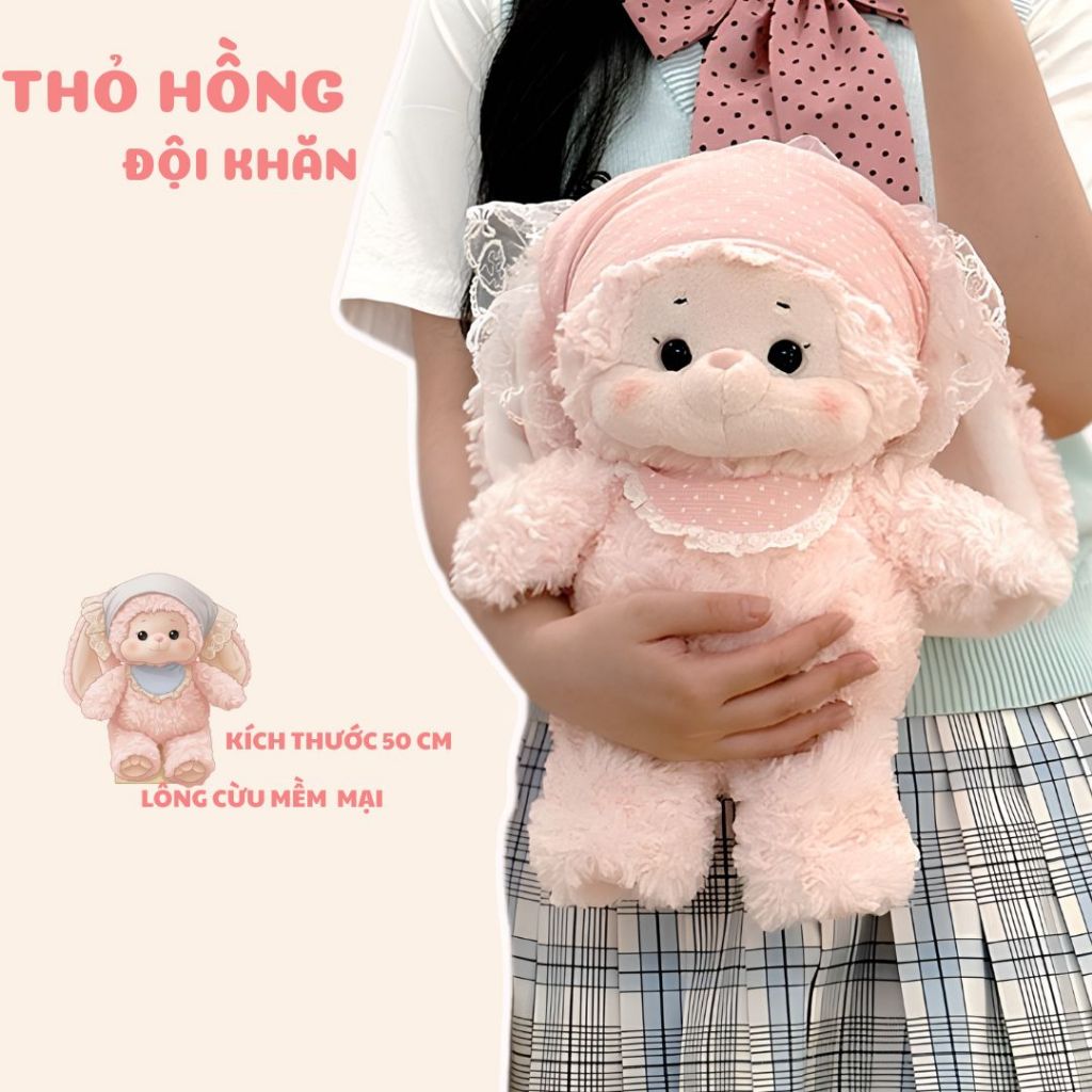 Gấu Bông Thỏ Hồng Đội Khăn Dễ Thương, Gấu Bông Chạy Bộ Thỏ Lông Xù Mềm Mại Làm Quà Tặng Cho Bạn Gái, Bé Gái