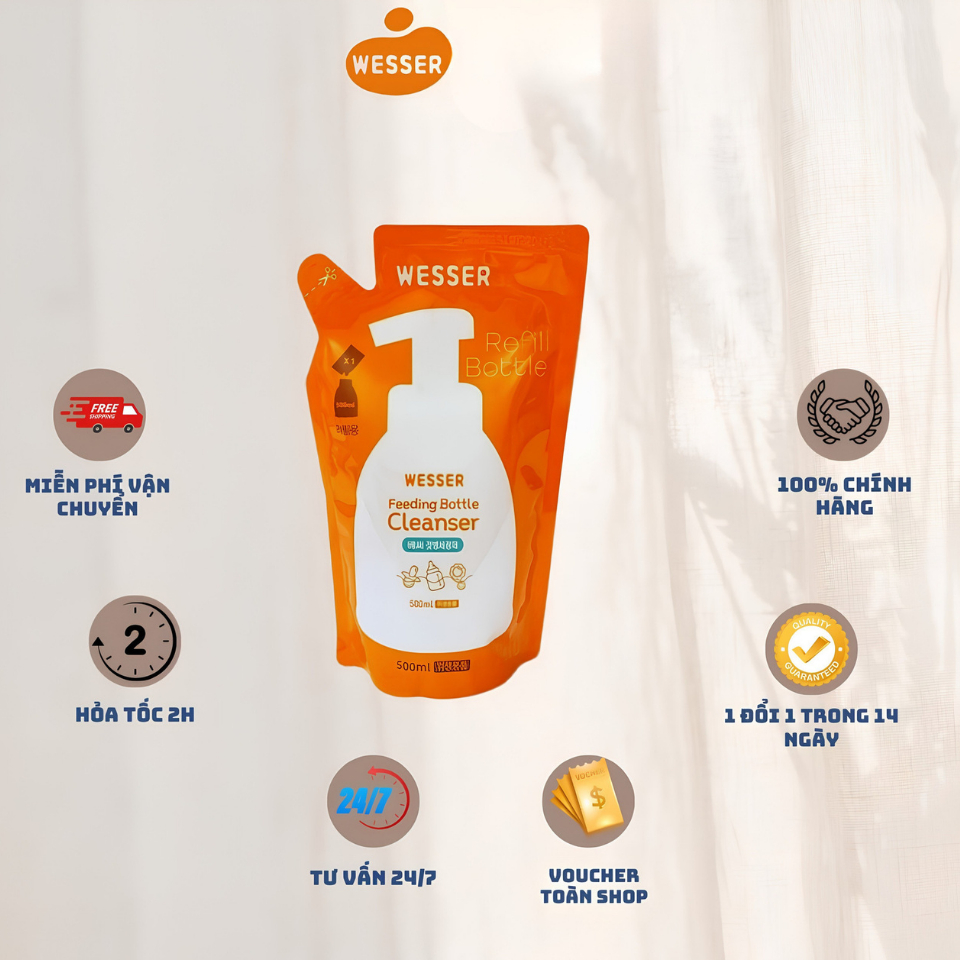 Nước Rửa Bình Sữa Wesser Refill 500ml Hàn Quốc – Túi Thay Thế, Làm Sạch Cặn Sữa & Dầu Mỡ An Toàn Cho Bé