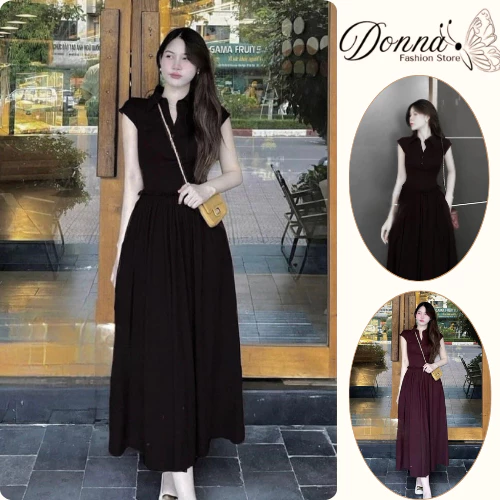 Váy kiểu dáng dài maxi cổ sơ mi xẻ V cộc tay đầm nữ đẹp đi cafe dạo phố thướt tha chất thô đũi mềm sành điệu hcom2782