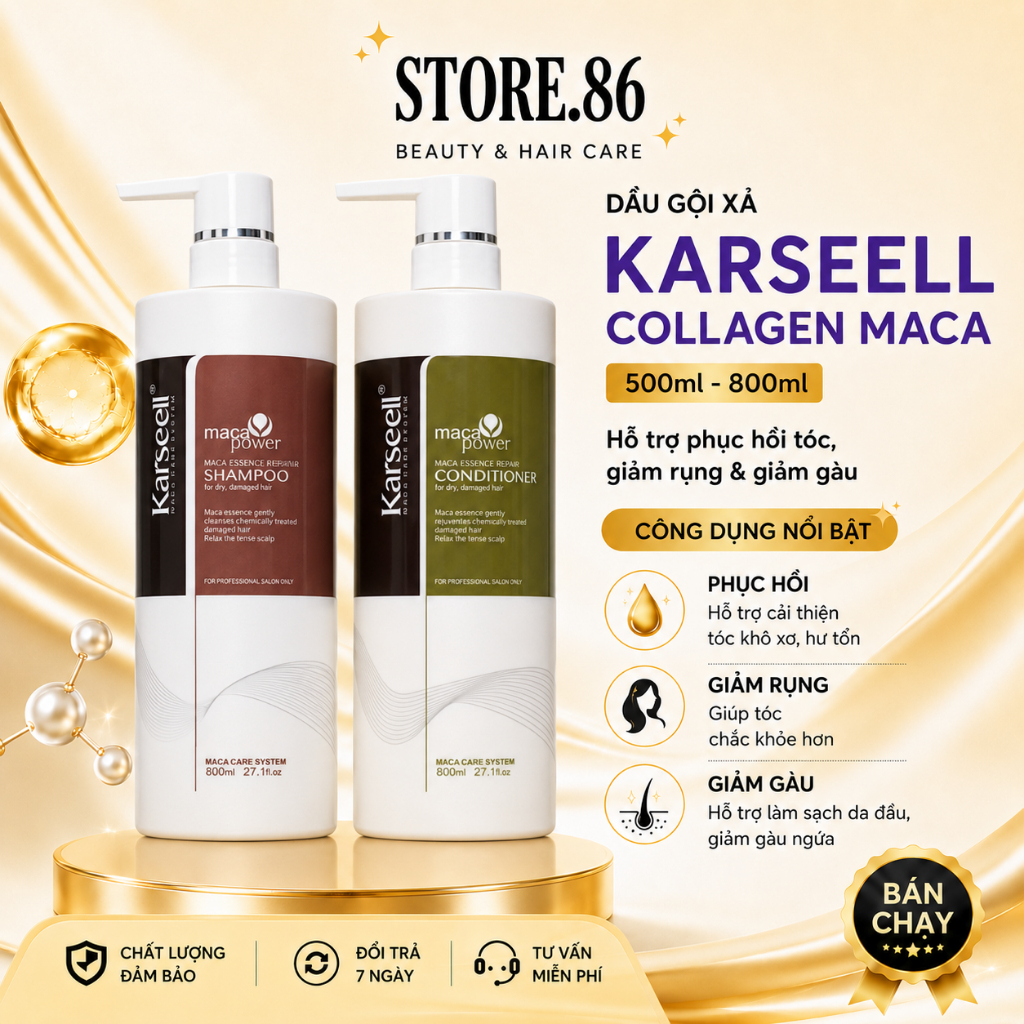 Dầu Gội Xả KARSEELL Collagen Maca 500ml - 800ml | Dưỡng Ẩm Phục Hồi Tóc Khô Xơ, Mềm Mượt Chuẩn Salon