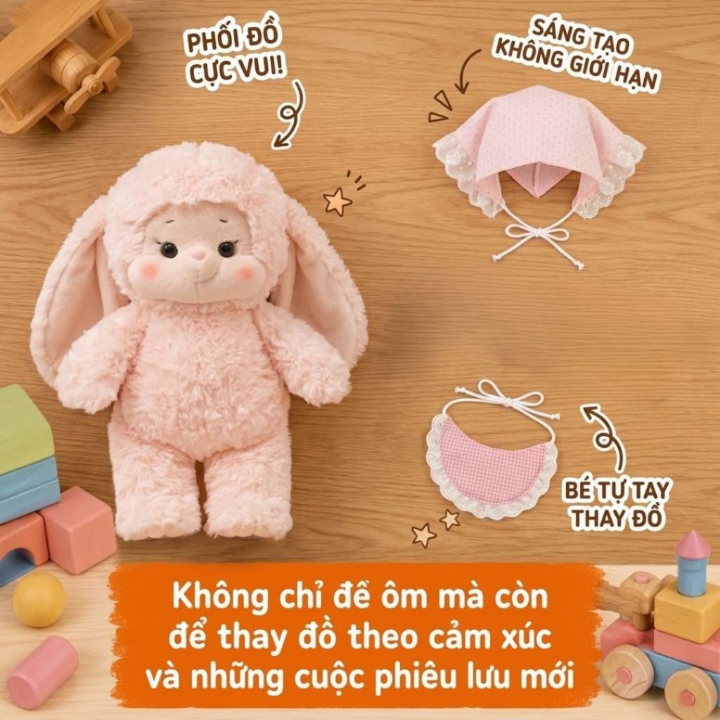 Gấu Bông Thỏ Đội Khăn Yếm Ren Siêu Dễ Thương, Thỏ Bông Hồng Lông Xoắn Mềm Mại Quà Tặng Cho Bé