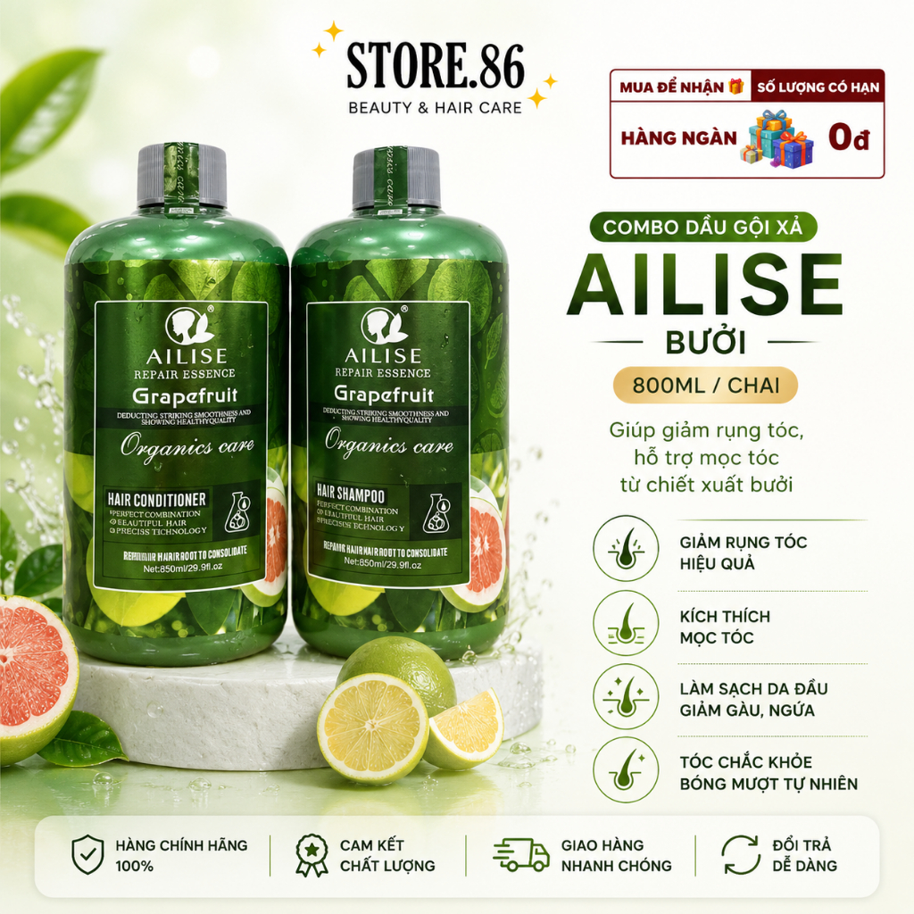 Dầu Gội Xả Bưởi AILISE 800ml | Dưỡng Ẩm Tóc Khô Xơ, Sạch Thoáng Da Đầu, Mềm Mượt Tự Nhiên
