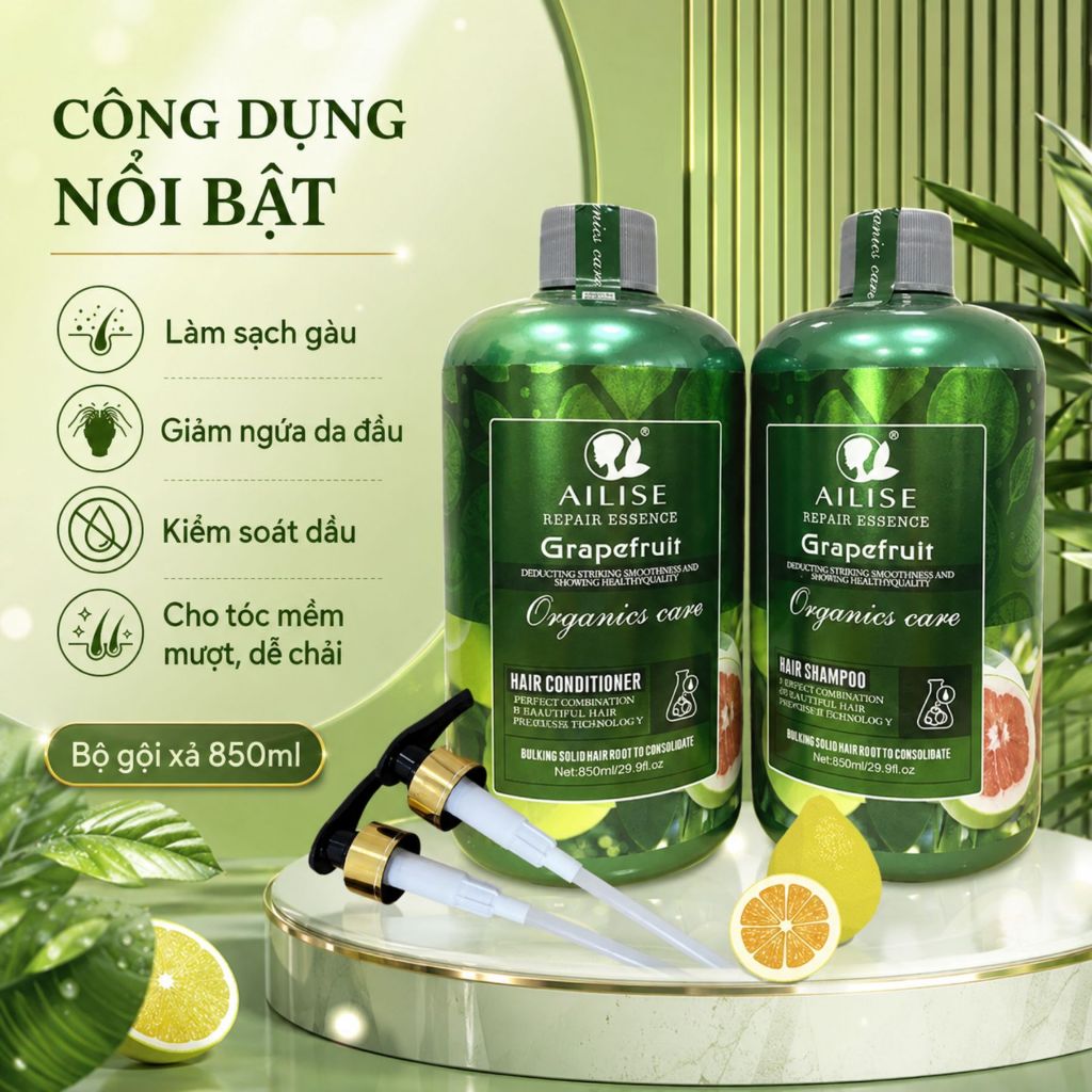 Dầu Gội Xả Bưởi AILISE 800ml | Dưỡng Ẩm Tóc Khô Xơ, Sạch Thoáng Da Đầu, Mềm Mượt Tự Nhiên