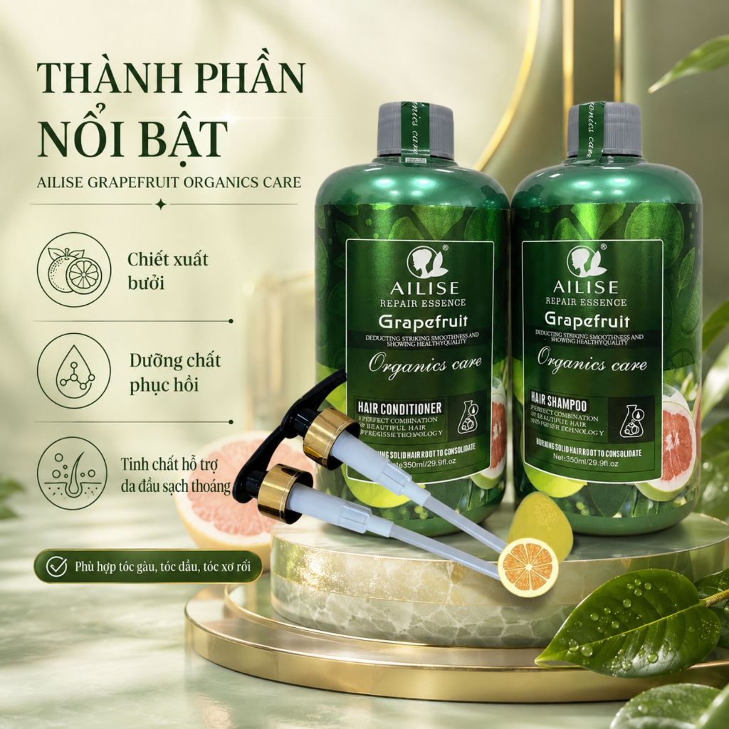 Dầu Gội Xả Bưởi AILISE 800ml | Dưỡng Ẩm Tóc Khô Xơ, Sạch Thoáng Da Đầu, Mềm Mượt Tự Nhiên