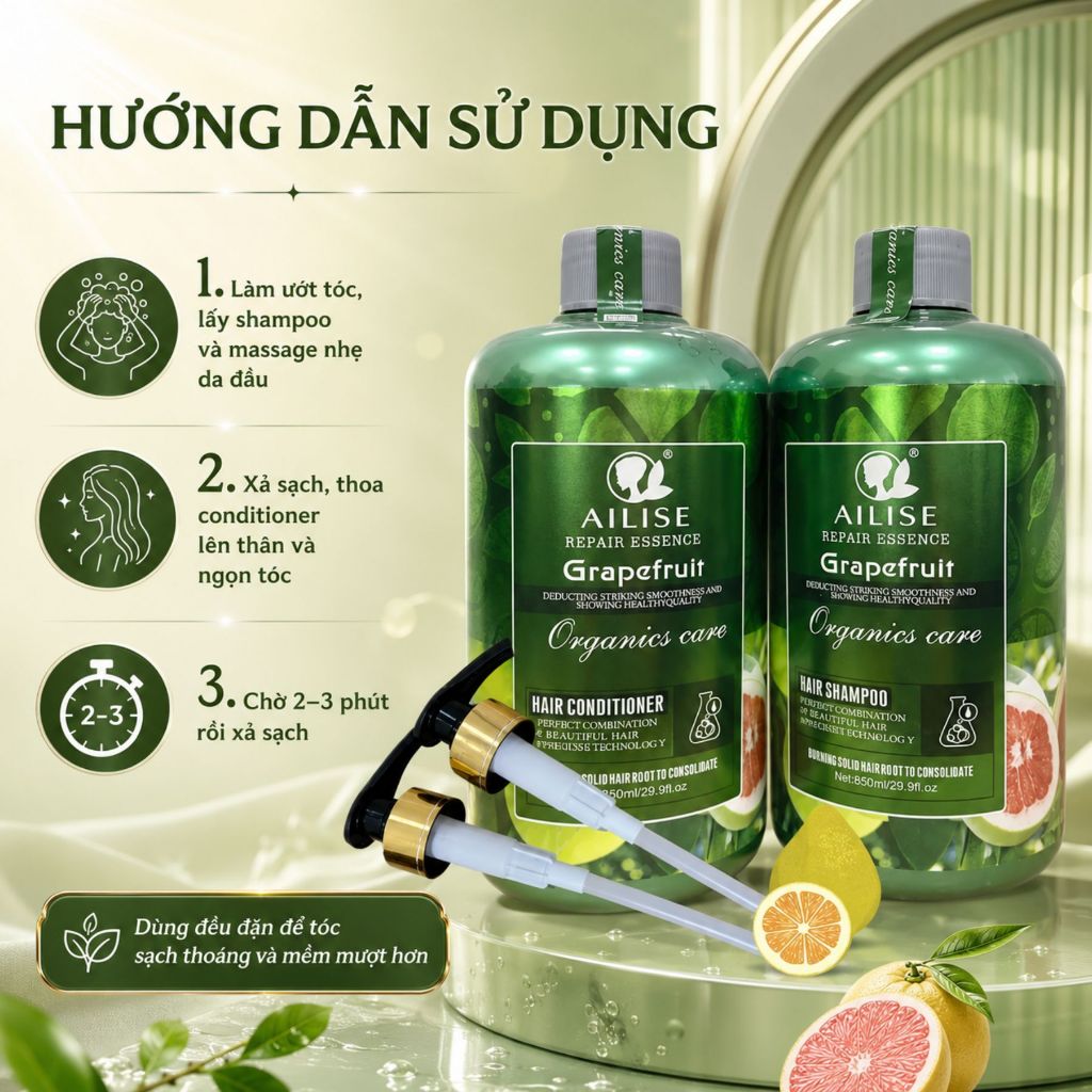 Dầu Gội Xả Bưởi AILISE 800ml | Dưỡng Ẩm Tóc Khô Xơ, Sạch Thoáng Da Đầu, Mềm Mượt Tự Nhiên