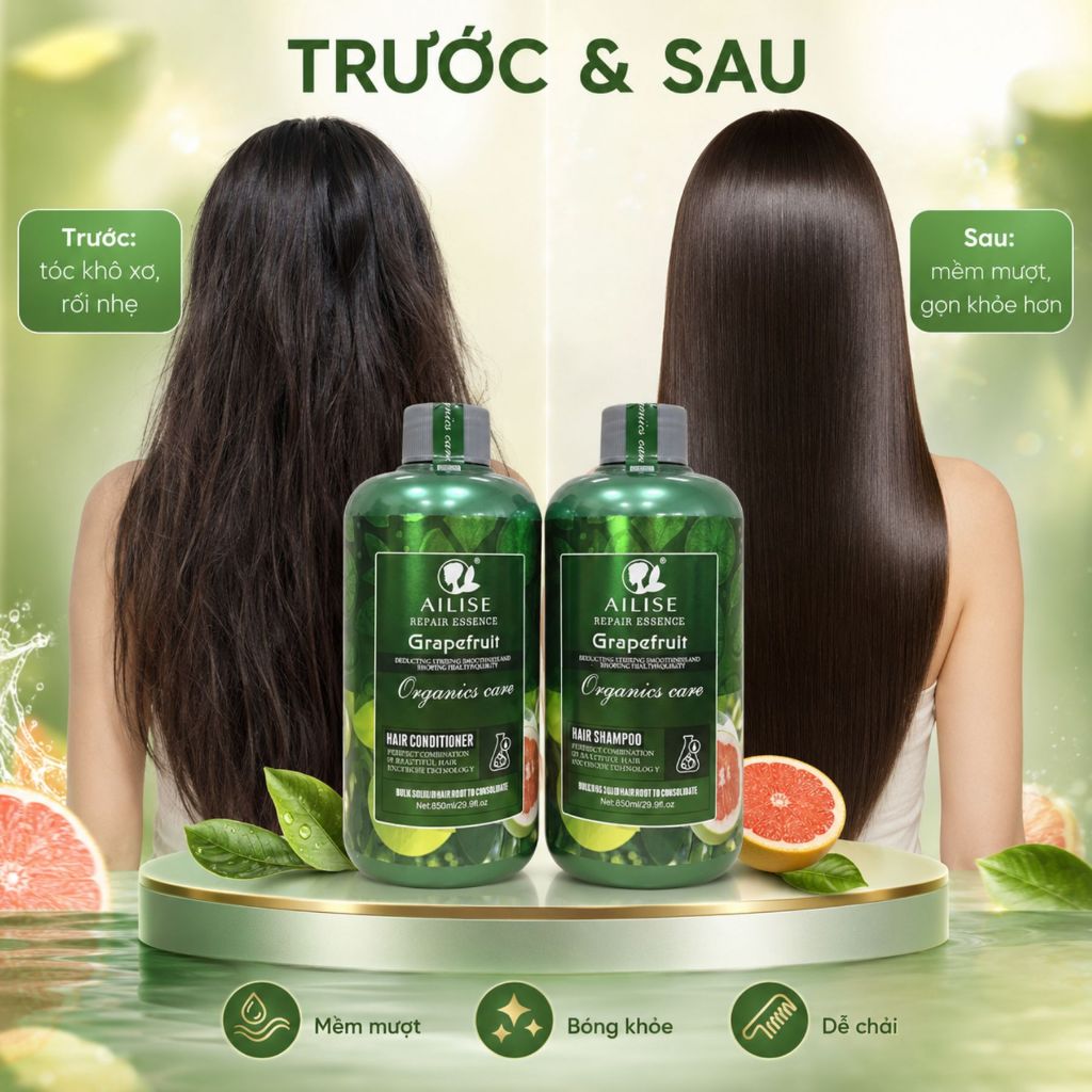 Dầu Gội Xả Bưởi AILISE 800ml | Dưỡng Ẩm Tóc Khô Xơ, Sạch Thoáng Da Đầu, Mềm Mượt Tự Nhiên