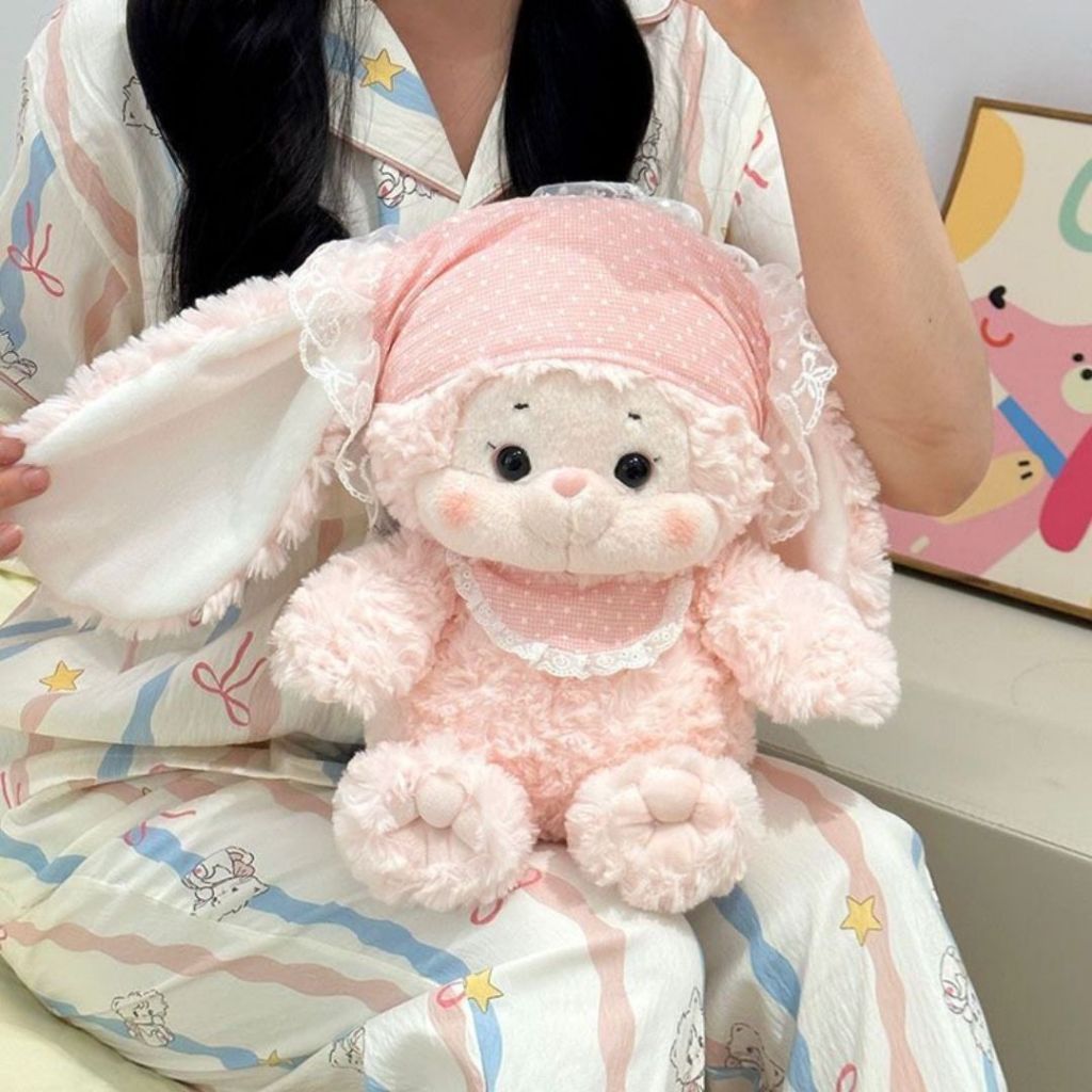 Gấu Bông Thỏ Đội Khăn Yếm Ren Siêu Dễ Thương, Thỏ Bông Hồng Lông Xoắn Mềm Mại Quà Tặng Cho Bé