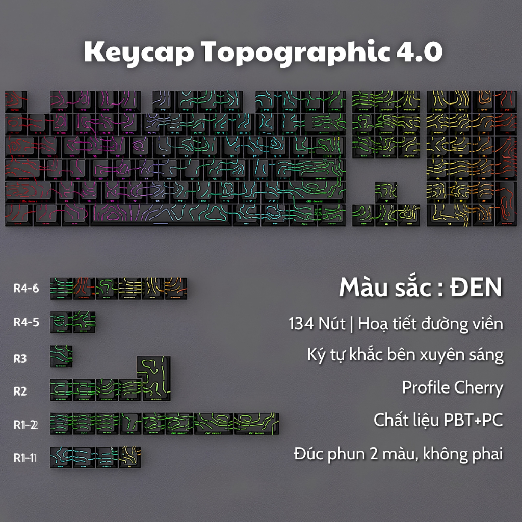 Keycap Contour Full Phím | Hoạ Tiết Đường Viền Topographic, Xuyên Led Đẹp | Profile Cherry 134 Nút | BigBuy360 - bigbuy360.vn