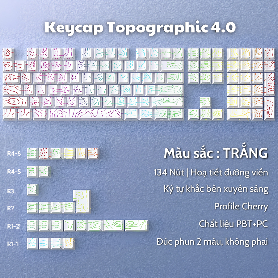Keycap Contour Full Phím | Hoạ Tiết Đường Viền Topographic, Xuyên Led Đẹp | Profile Cherry 134 Nút | BigBuy360 - bigbuy360.vn
