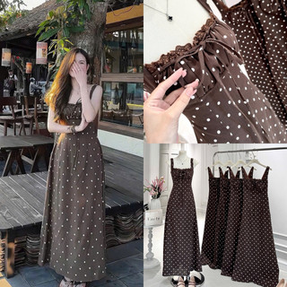 SEP House - Đầm midi chấm bi dáng dài 2s ngực xếp ly viền bèo cột nơ nâu tây trendy, sang trọng - Ảnh thật
