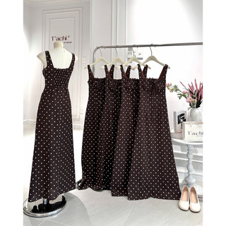 SEP House - Đầm midi chấm bi dáng dài 2s ngực xếp ly viền bèo cột nơ nâu tây trendy, sang trọng - Ảnh thật