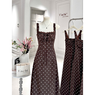 SEP House - Đầm midi chấm bi dáng dài 2s ngực xếp ly viền bèo cột nơ nâu tây trendy, sang trọng - Ảnh thật