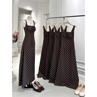 SEP House - Đầm midi chấm bi dáng dài 2s ngực xếp ly viền bèo cột nơ nâu tây trendy, sang trọng - Ảnh thật
