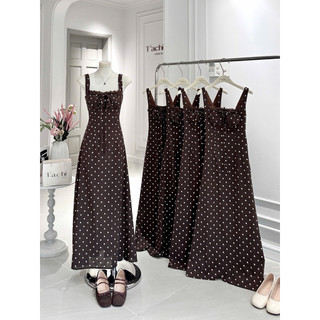 SEP House - Đầm midi chấm bi dáng dài 2s ngực xếp ly viền bèo cột nơ nâu tây trendy, sang trọng - Ảnh thật
