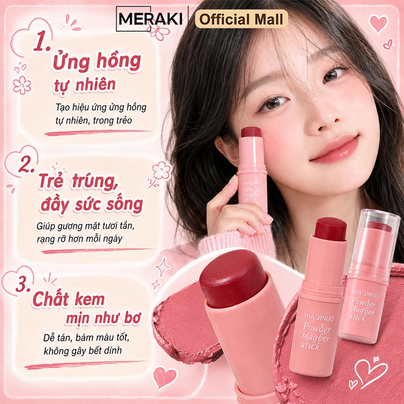 Phấn má dạng thỏi bóng, Chất kem siêu mịn, Lên màu chuẩn, Bám da lâu, Lên màu nhẹ nhàng, Không thấm nước, Cấp ẩm