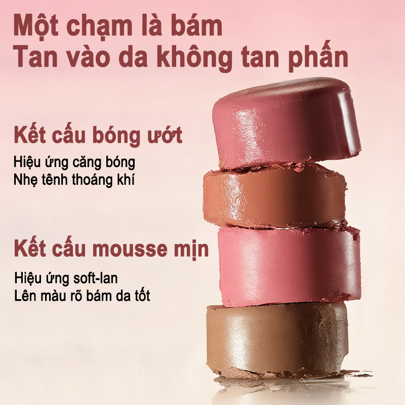 Phấn má dạng thỏi bóng, Chất kem siêu mịn, Lên màu chuẩn, Bám da lâu, Lên màu nhẹ nhàng, Không thấm nước, Cấp ẩm