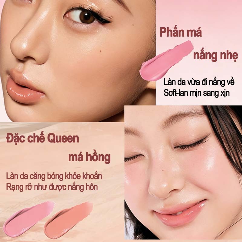 Phấn má dạng thỏi bóng, Chất kem siêu mịn, Lên màu chuẩn, Bám da lâu, Lên màu nhẹ nhàng, Không thấm nước, Cấp ẩm