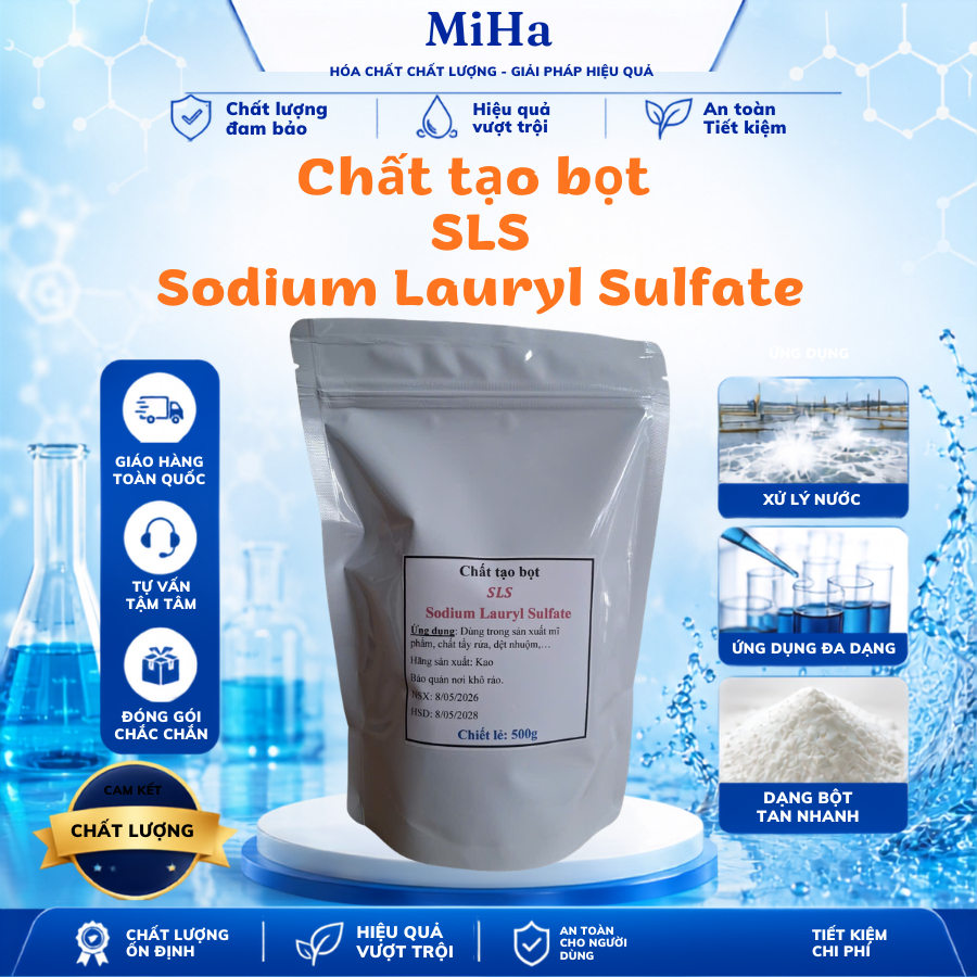 Chất tạo bọt SLS-Sodium Lauryl Sulfate 500g, dùng trong sản xuất mĩ phẩm, chất tẩy rửa, dệt nhuộm