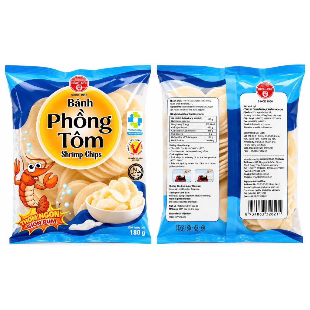 Bánh phồng tôm Bích Chi 180g và 90g/ gói - thơm ngon, giòn tan, hương vị đậm đà