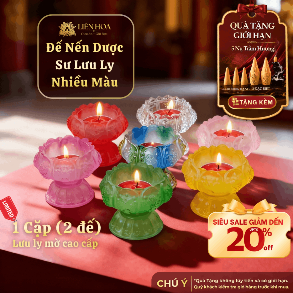 Cặp Đế Nến Lưu Ly Hoa Sen Liên Hoa – Đế Cao – Chân Nến Thờ Phật Thuỷ Tinh Cao Cấp (1 Cặp)
