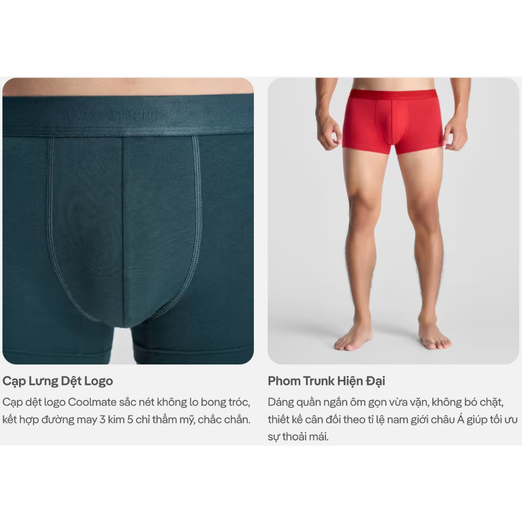 [MUA 3 TẶNG 1]Combo 03 Quần lót nam Trunk Cotton Co Giãn Origin mềm mại, co giãn, thấm hút Coolmate