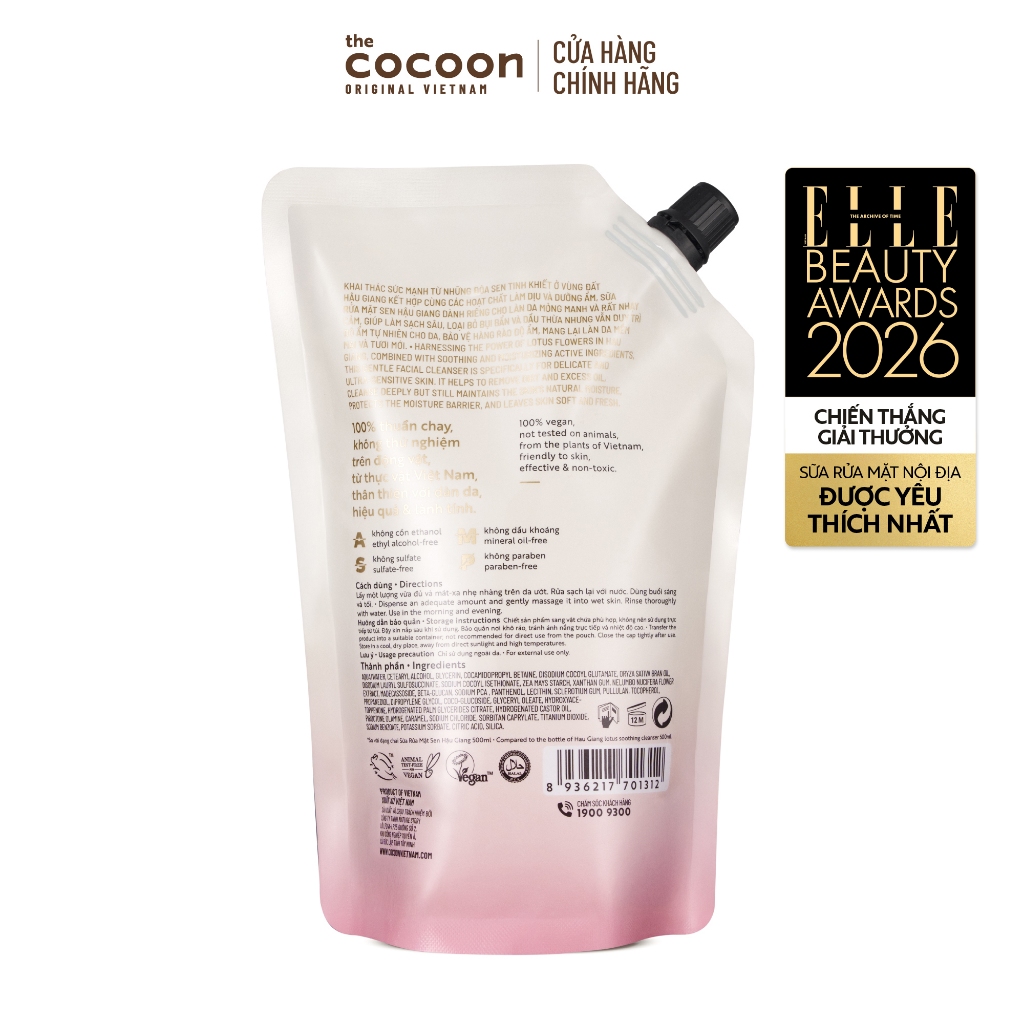 HÀNG TẶNG KHÔNG BÁN - Túi Refill Supersize - Sữa rửa mặt sen Hậu Giang Cocoon 500ml