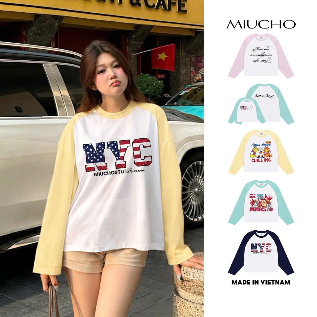 Áo thun boxy tay dài raglan BST hoạt hình phối chữ Hàn Quốc Miucho