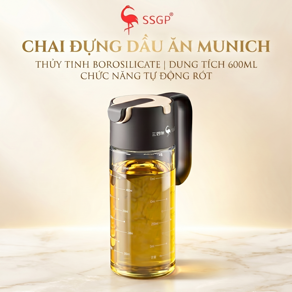 Bình đựng dầu ăn thủy tinh Munich cao cấp SSGP - SS14501 chai đựng dầu ăn, nước mắm, mở nắp tự động