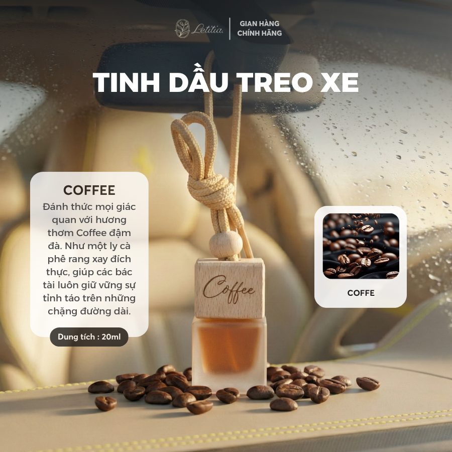 Tinh Dầu Nước Hoa Treo Xe / Tủ Quần Áo Letitia Hương Coffee Giúp Khử Mùi, Chống Say Xe, Thư Giãn