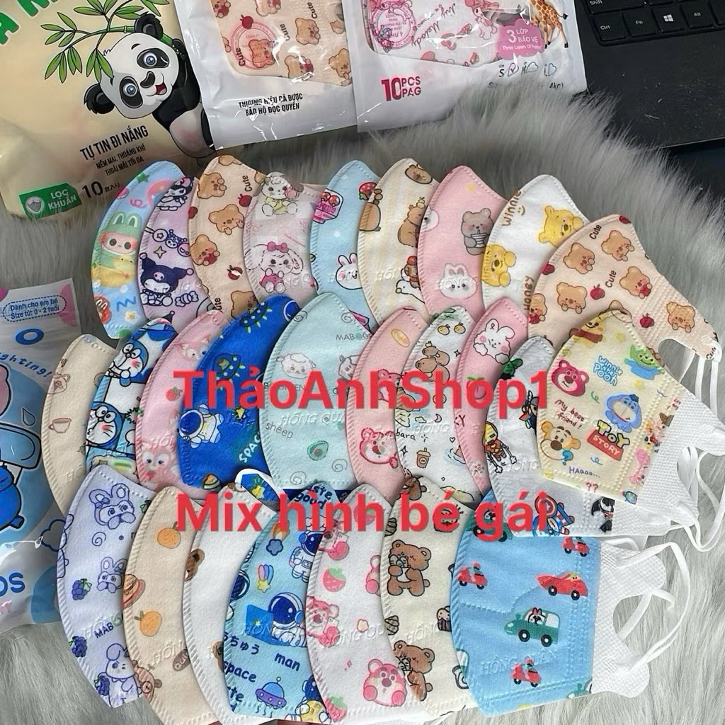 50 Chiếc Khẩu trang 5d cho bé vải lụa  size từ 0 đến 9 tuổi nhiều hình chất liệu mềm mịn thoáng mát
