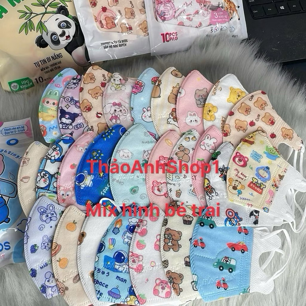 50 Chiếc Khẩu trang 5d cho bé vải lụa  size từ 0 đến 9 tuổi nhiều hình chất liệu mềm mịn thoáng mát