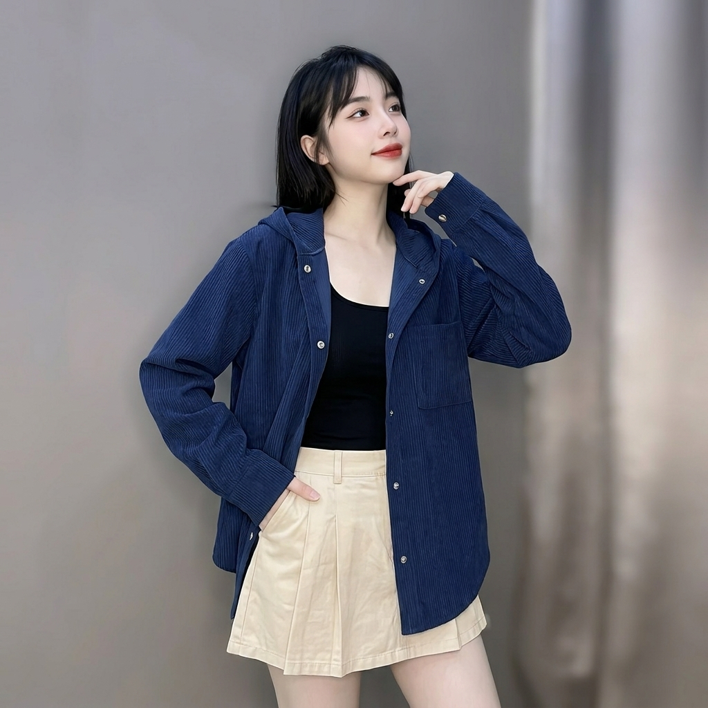Áo Chống Nắng Sơ Mi Nhung Gân Dáng Rộng Có Mũ AZ CLOTHING Áo Khoác Cực Chất Cho Nam Và Nữ Phong Cách Hàn Quốc