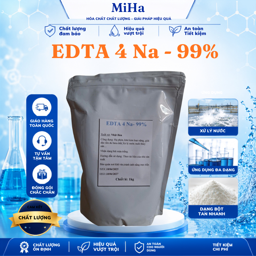 EDTA 4 Na-99% 1kg. Hạ phèn, khử kim loại nặng, giải tồn dư hóa chất, xử lí nước nuôi thủy sản.