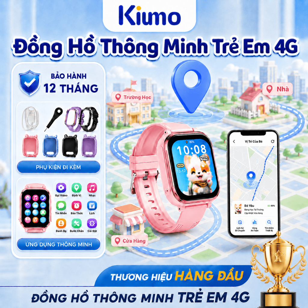 Kiumo【Kèm Ốp & 2 Dây Đeo】Đồng Hồ Thông Minh Trẻ Em 4G Kiumo T59 - Camera 8MP Gọi Video HD, Định Vị GPS, Pin 750mAh