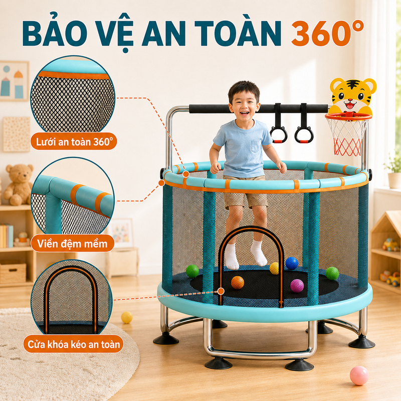Nhà Nhún Nhảy Cho Bé Điều Chỉnh Độ Cao - Bạt Nhún Lò Xo Trampoline Có Lưới Bảo Vệ An Toàn Tuyệt Đối 200kg Tặng quà