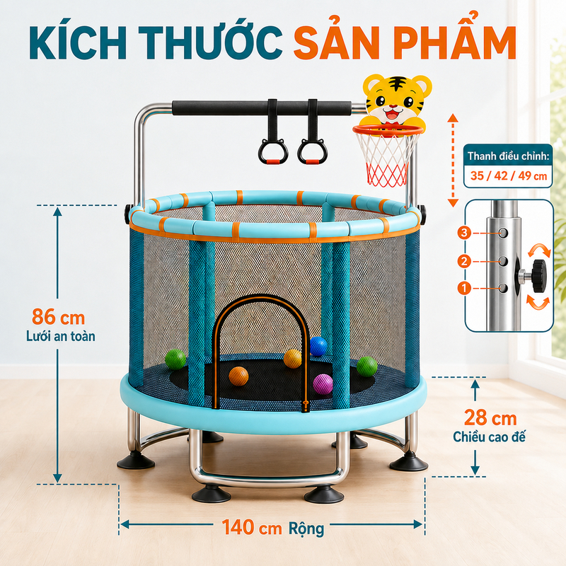 Nhà Nhún Nhảy Cho Bé Điều Chỉnh Độ Cao - Bạt Nhún Lò Xo Trampoline Có Lưới Bảo Vệ An Toàn Tuyệt Đối 200kg Tặng quà