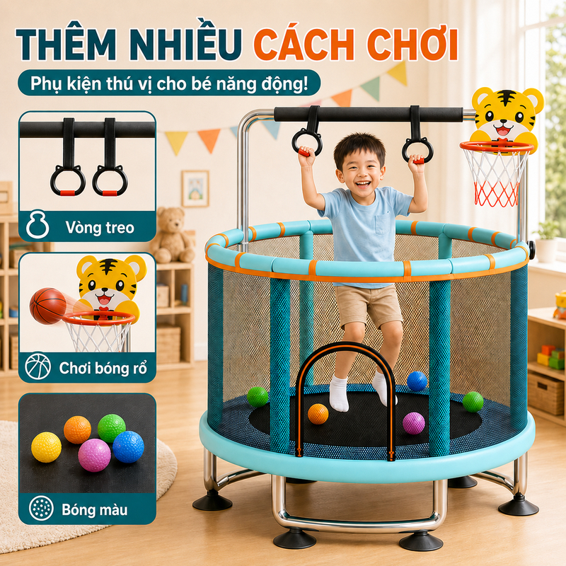 Nhà Nhún Nhảy Cho Bé Điều Chỉnh Độ Cao - Bạt Nhún Lò Xo Trampoline Có Lưới Bảo Vệ An Toàn Tuyệt Đối 200kg Tặng quà