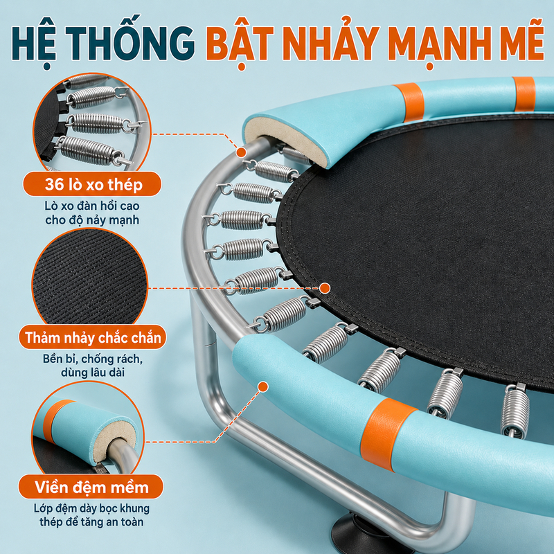 Nhà Nhún Nhảy Cho Bé Điều Chỉnh Độ Cao - Bạt Nhún Lò Xo Trampoline Có Lưới Bảo Vệ An Toàn Tuyệt Đối 200kg Tặng quà