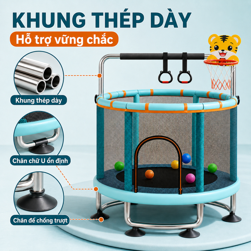 Nhà Nhún Nhảy Cho Bé Điều Chỉnh Độ Cao - Bạt Nhún Lò Xo Trampoline Có Lưới Bảo Vệ An Toàn Tuyệt Đối 200kg Tặng quà