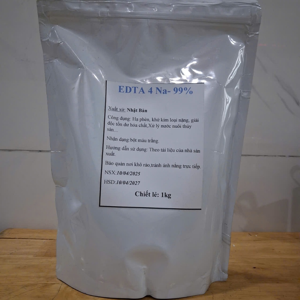 EDTA 4 Na-99% 1kg. Hạ phèn, khử kim loại nặng, giải tồn dư hóa chất, xử lí nước nuôi thủy sản.