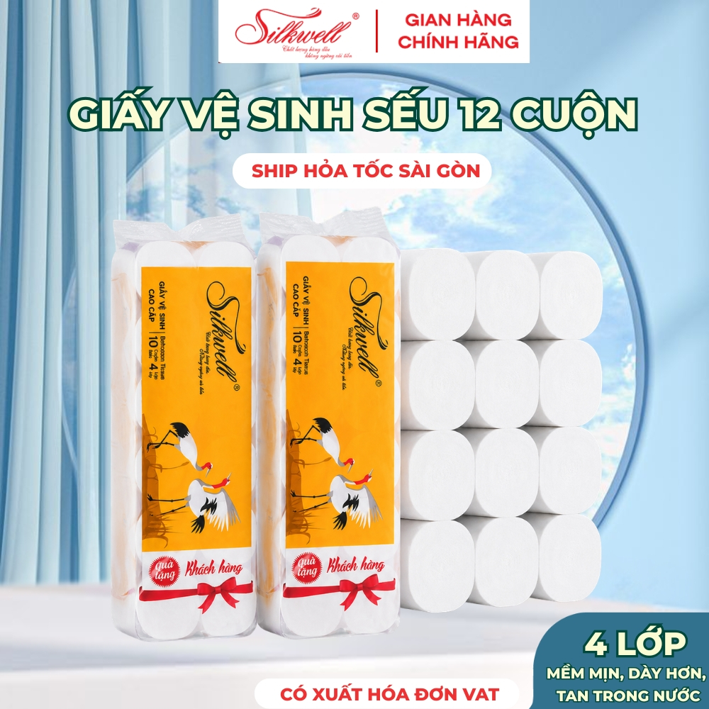 [HỎA TỐC] Giấy Vệ Sinh Silkwell Combo 3 Dây Sếu 12 Cuộn/4 Lớp CÓ LÕI - Dai Mềm Mịn Tan Nhanh Trong Nước
