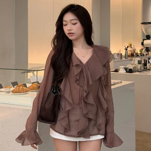 Áo Sơ Mi Nữ Kiểu Tay Dài Dáng Suông Cổ V Phối Bèo Voan Tơ Tiểu Thư Kimee - KA870
