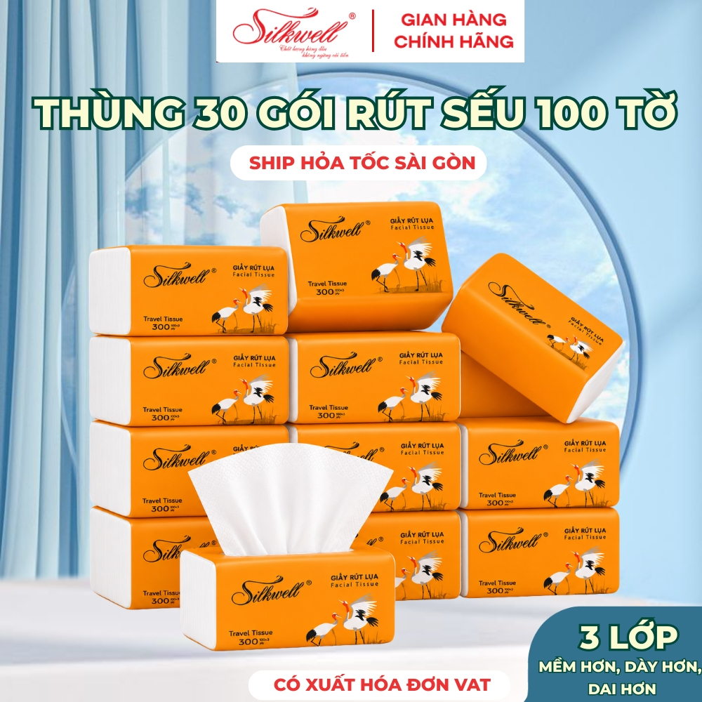 [HỎA TỐC] Khăn Giấy Rút Lụa Silkwell Thùng 30 Gói Sếu Rút 100 Tờ/3 Lớp - Mềm Mịn, Không Bụi