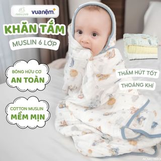Khăn tắm cho bé sơ sinh Vua Nệm Bubaby, Khăn đa năng Cotton Muslin 6 lớp an toàn thoáng mát mềm mịn