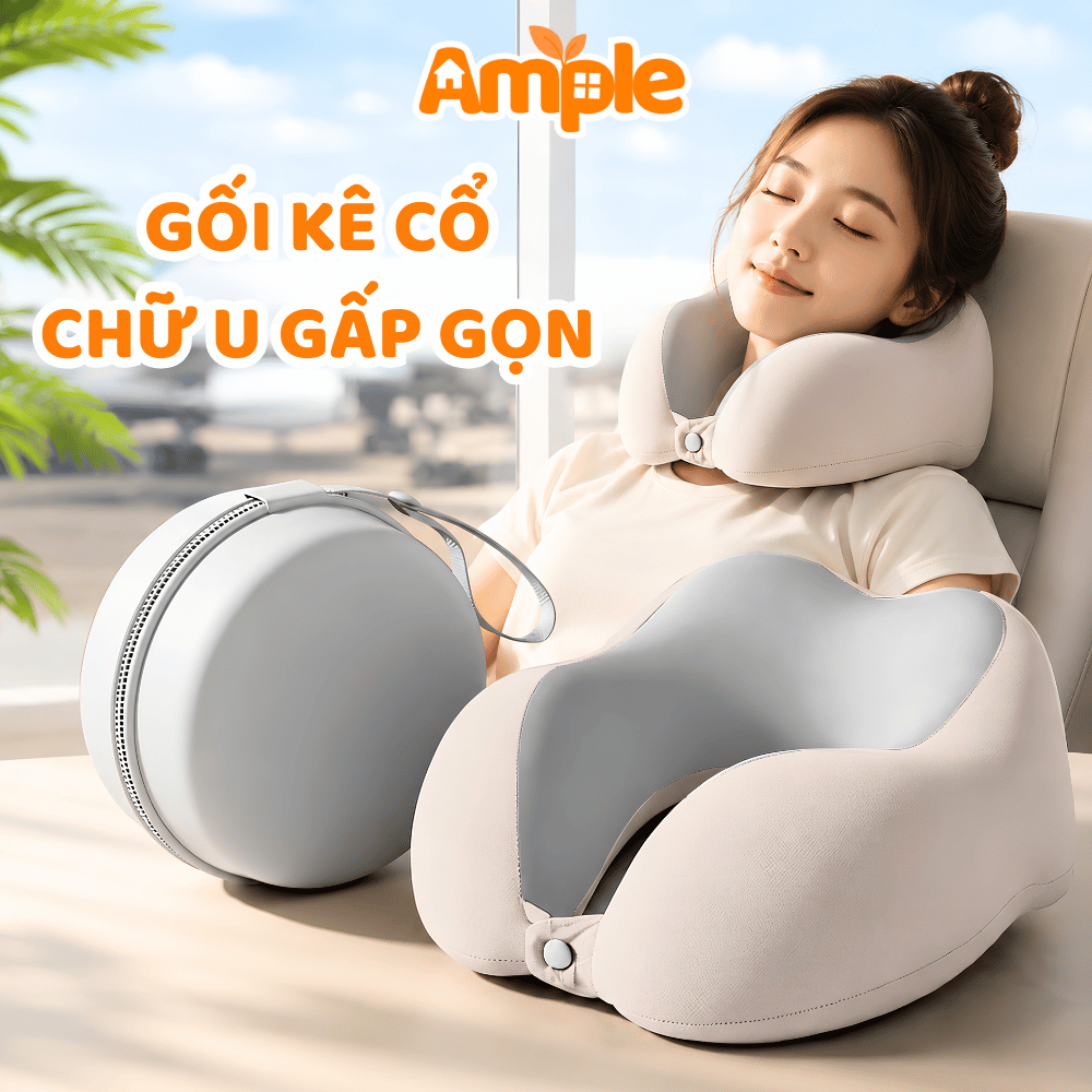 Gối Kê Cổ Chữ U Gấp Gọn Chống Mỏi Vai Gáy AMPLE Thiết Kế Công Thái Học, Gối Cổ Cao Su Non Êm Ái