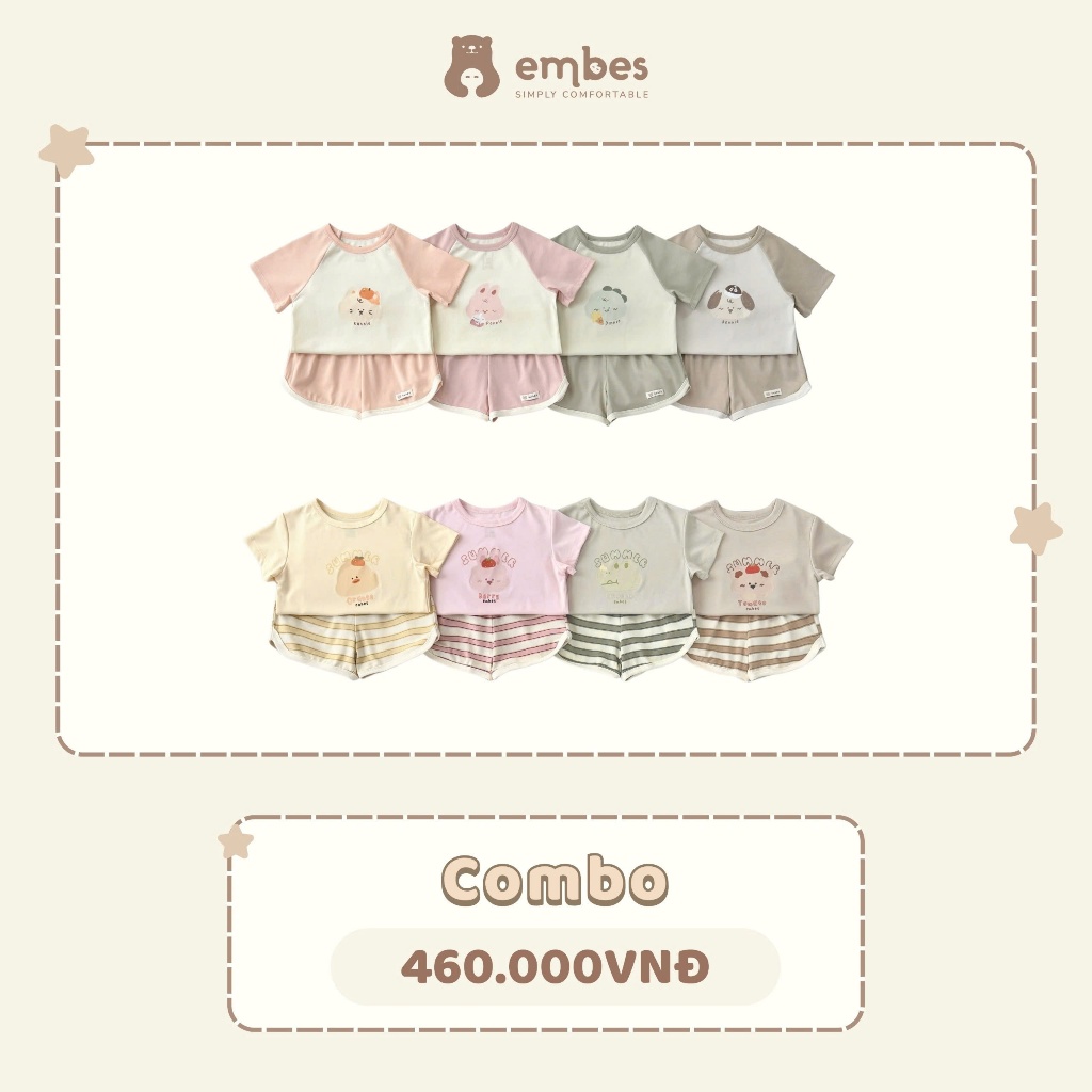 Bộ Cộc Cho Bé Embes, Combo 2 Bộ Cộc Tay In Họa Tiết Chất Cotton Mềm Mại Cho Bé Trai Bé Gái Từ 8-18kg