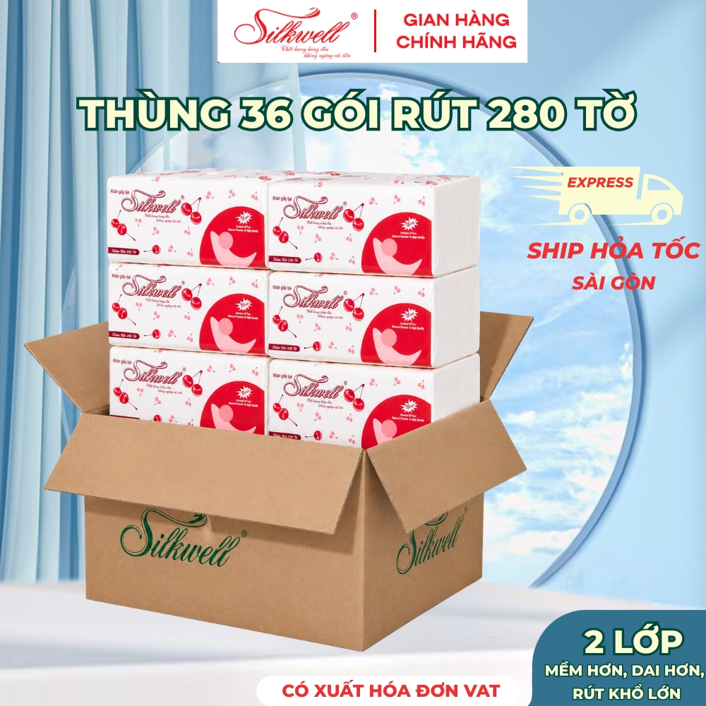 [HỎA TỐC] Giấy Ăn Rút Lụa Silkwell Thùng 36 Gói Cherry Rút 280 Tờ/2 Lớp -  Dai Mềm Mịn, Không Bụi