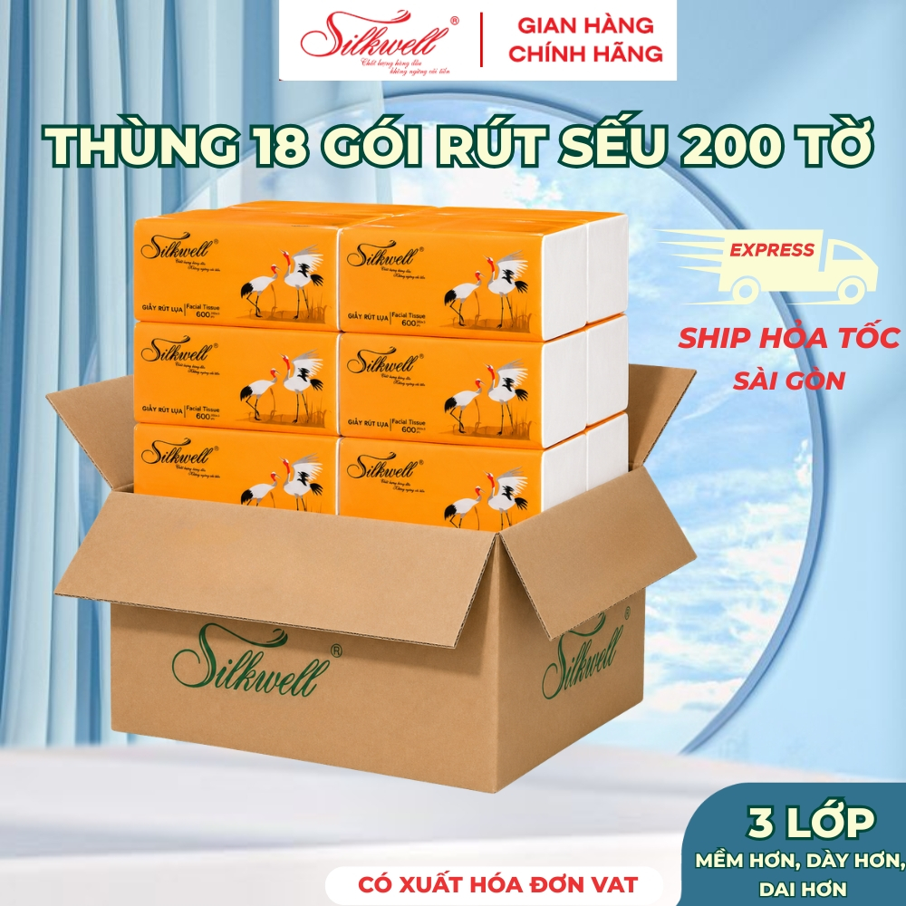 [HỎA TỐC] Khăn Giấy Ăn Rút Lụa Silkwell Sếu Thùng 9/18 Gói 200 Tờ/3 Lớp, Mềm Mịn, Không Mủn