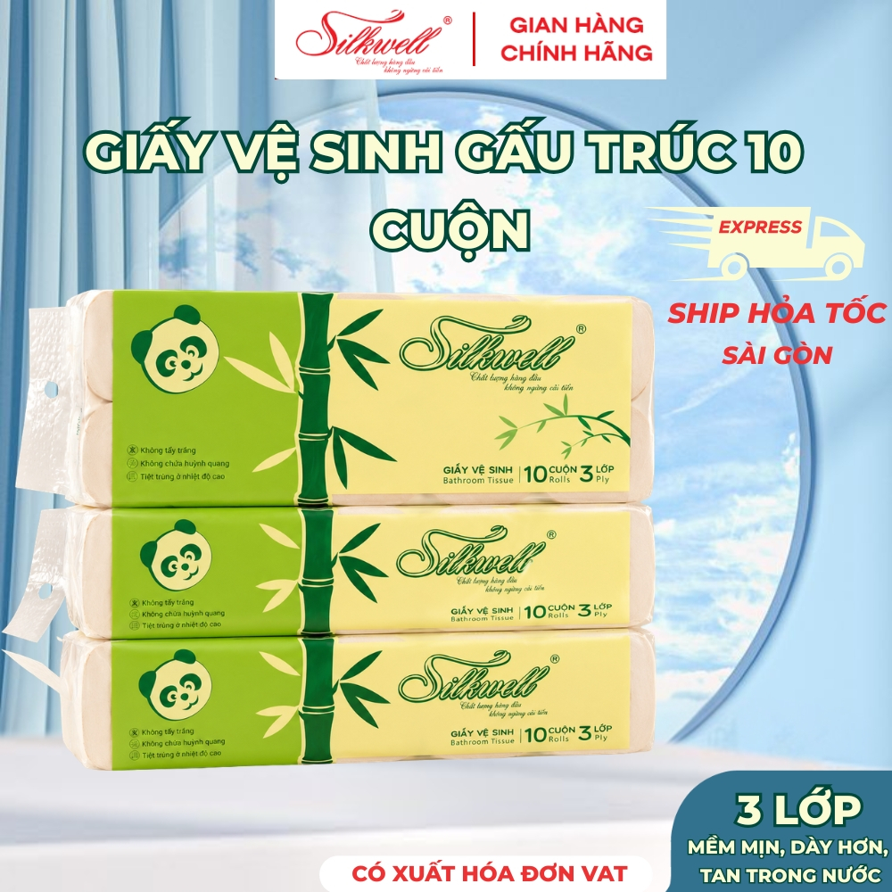 [HỎA TỐC] Giấy Vệ Sinh Silkwell Gấu Trúc 10 Cuộnx3 Lớp, Có Lõi Mềm Mịn Tan Trong Nước
