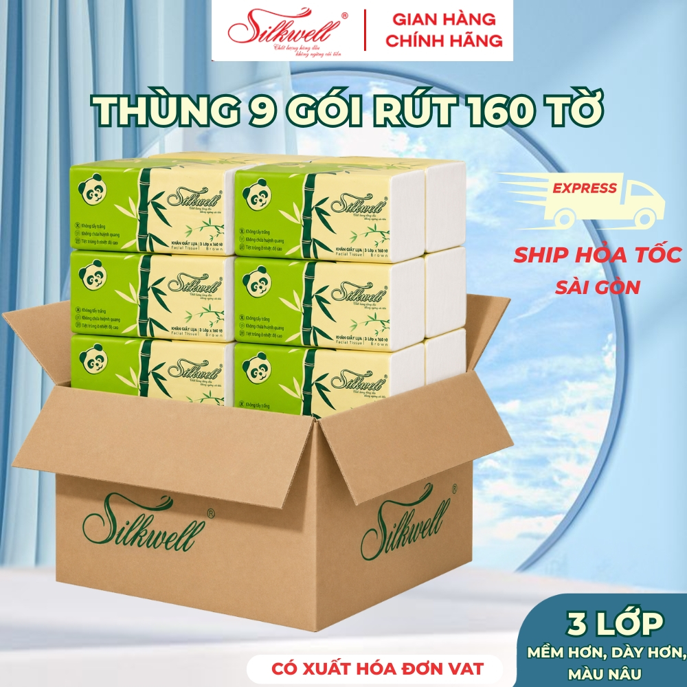 [HỎA TỐC] Giấy Ăn Lụa Silkwell Thùng 9 Gói Gấu Trúc Nâu 160 Tờ/3 Lớp - Dai, Thấm Nước Tốt Không Mủn